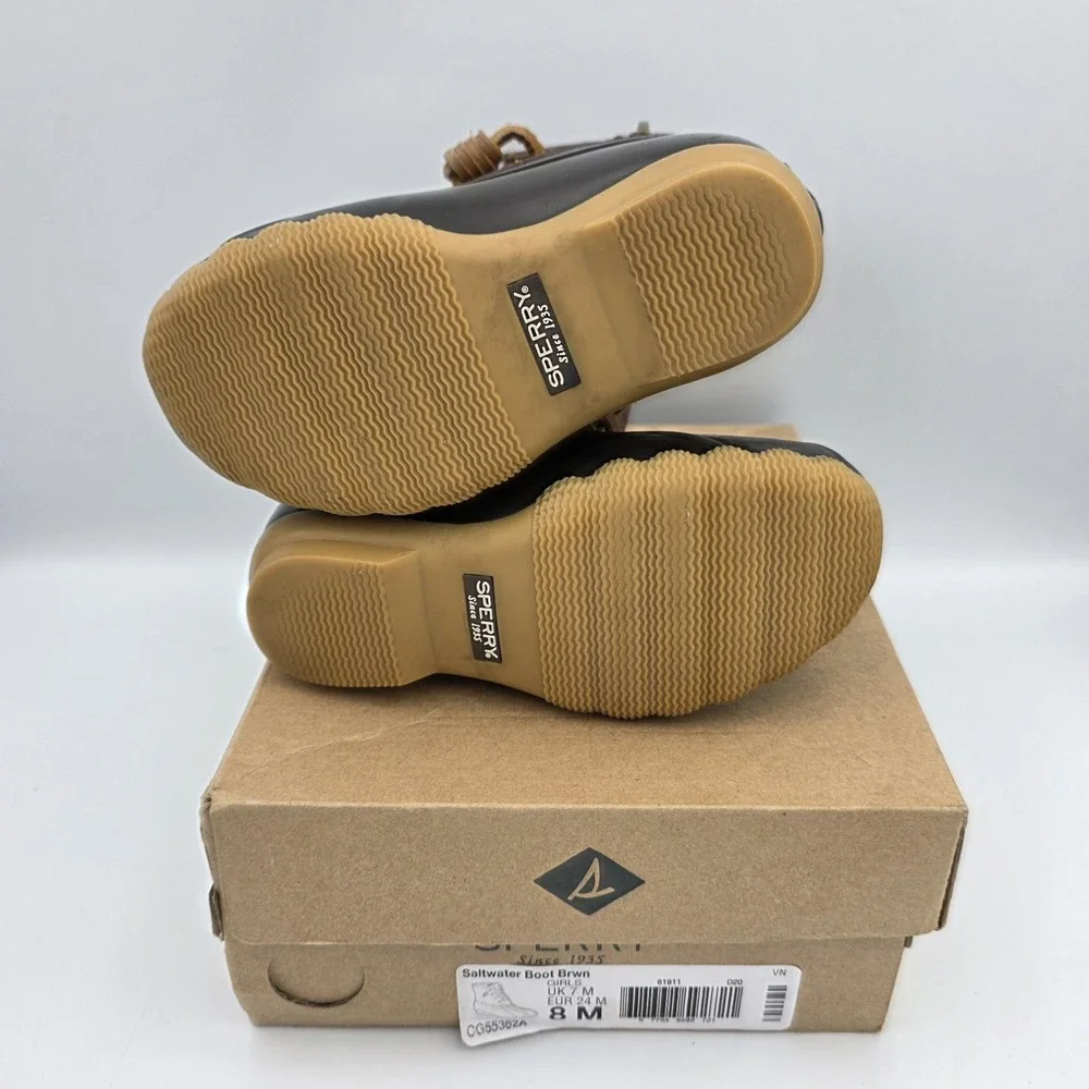 Sperry Saltwater Brown Duck Boots Girls Size 8 Ankle Side Zipper & LaceUp Shoes